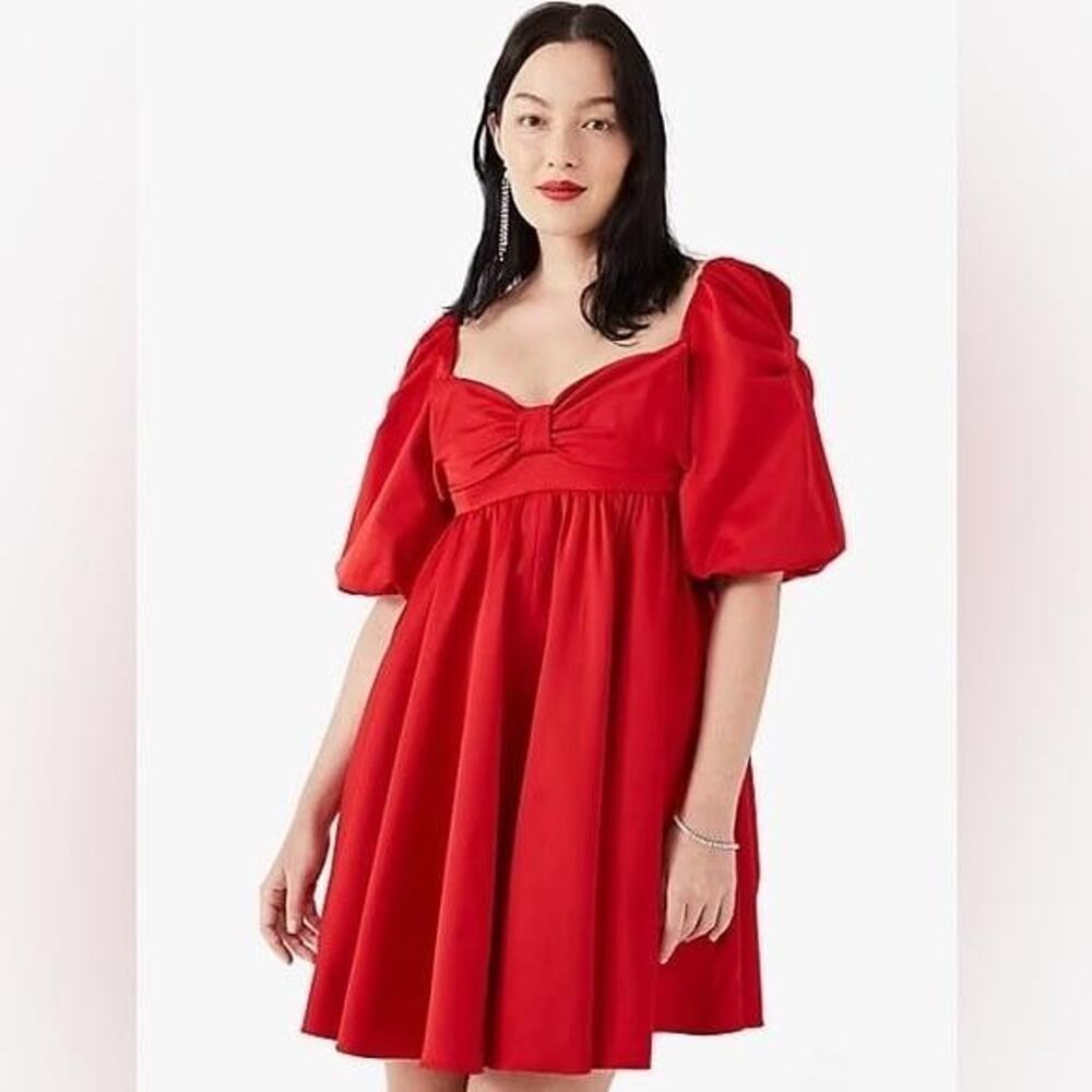 Kate Spade New York Dress Women's 8 Red Puff Sleeve Babydoll Mini Sweetheart Bow - Picture 3 of 12